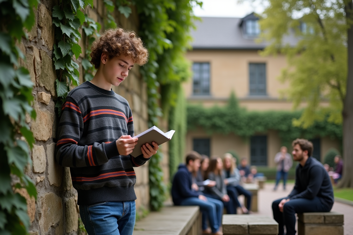 Jeune homme lisant à voix haute dans la cour scolaire