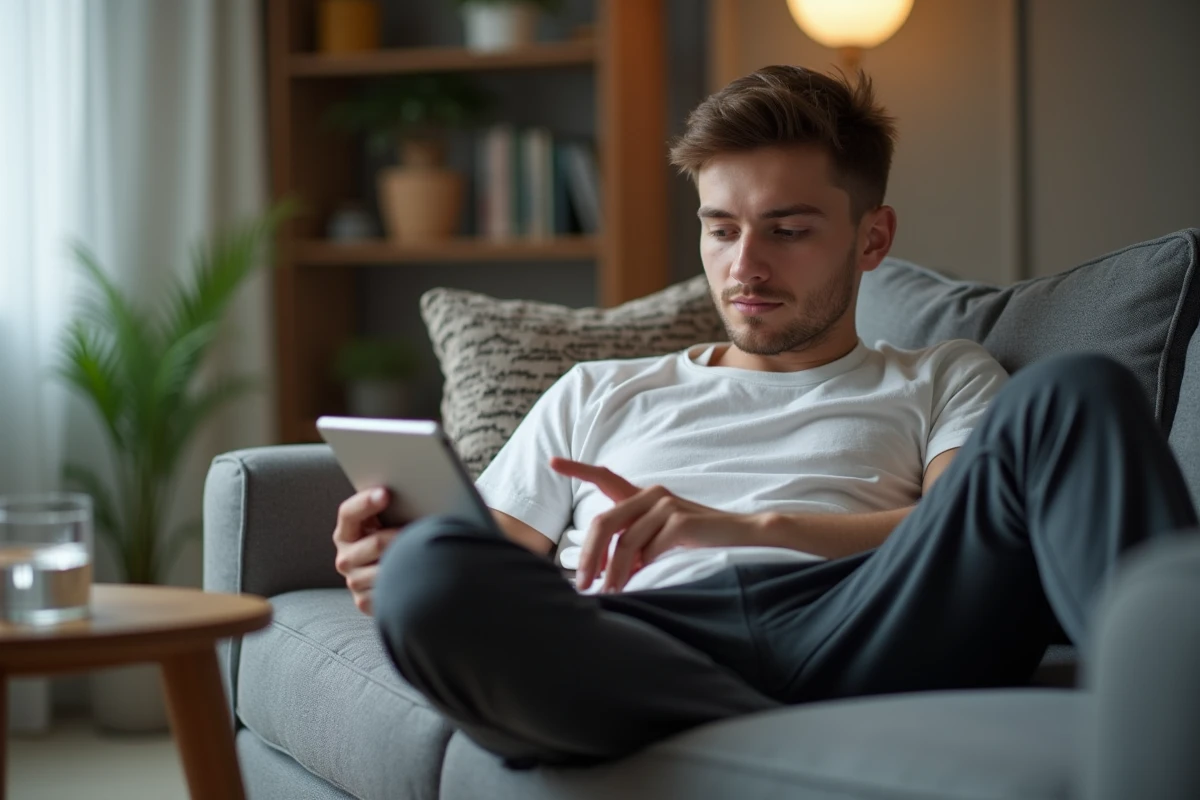 Jeune homme accédant à son espace Entsomme sur tablette depuis son salon