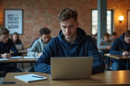 Jeune homme concentré sur son ordinateur portable dans une salle de formation professionnelle moderne, illustrant l'apprentissage alternatif pour les jeunes sans diplôme