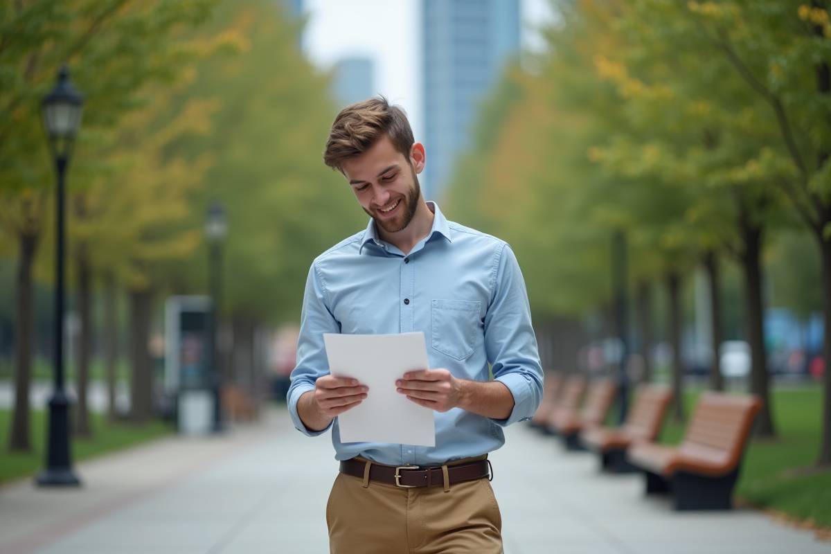 Jeune homme dans un parc urbain tenant un certificat avec fierté