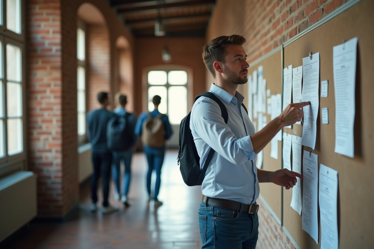 Jeune homme accrochant une offre de stage dans un couloir universitaire
