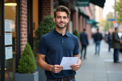 Jeune homme sans diplôme tenant un CV devant une agence pour l'emploi, cherchant un travail bien rémunéré