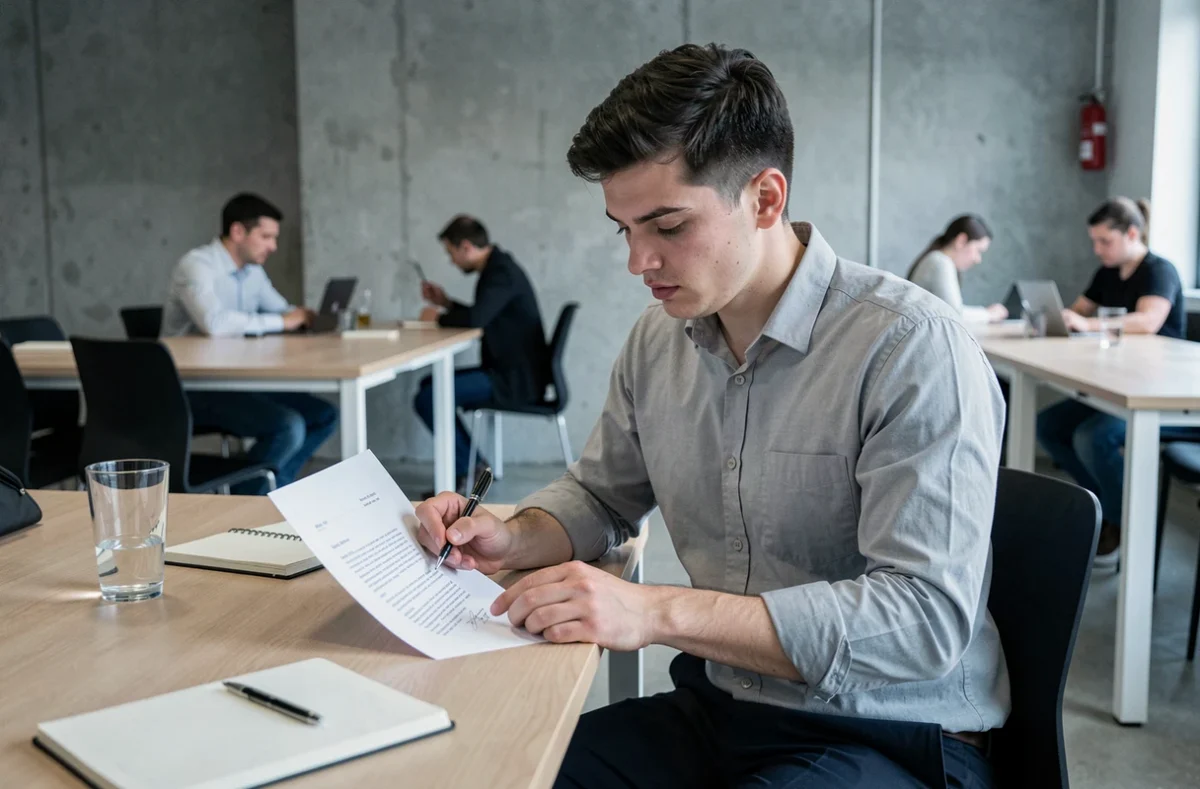 Jeune homme relisant sa lettre de motivation pour une alternance dans un espace de coworking