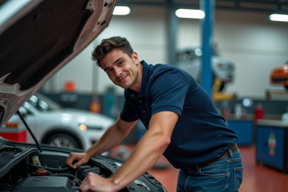 Jeune homme en polo et jeans répare un moteur de voiture dans un atelier