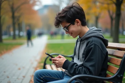 Adolescent avec smartphone dans un parc en automne