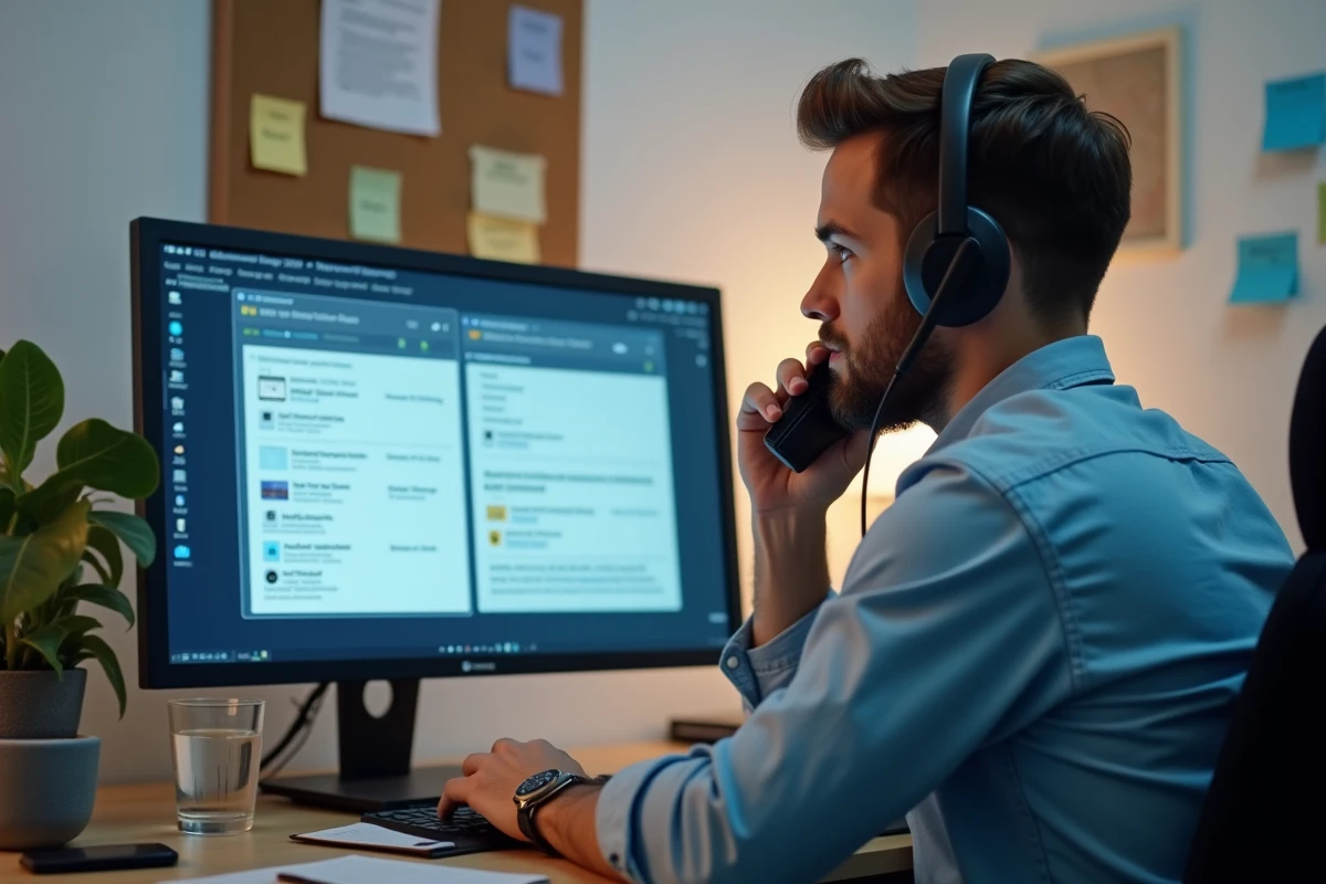 Jeune homme contactant le support technique pour résoudre un problème de connexion internet depuis son bureau