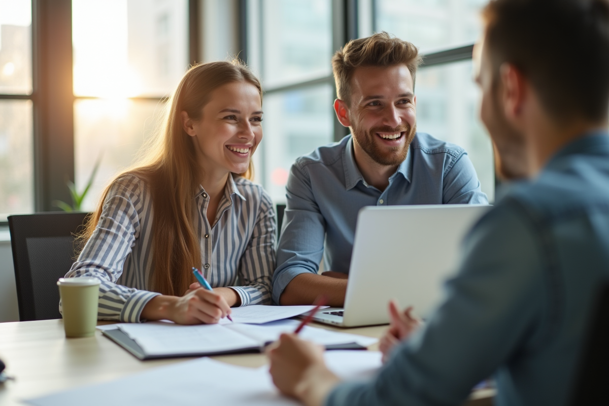 Jeune intern souriant avec mentor dans un bureau lumineux