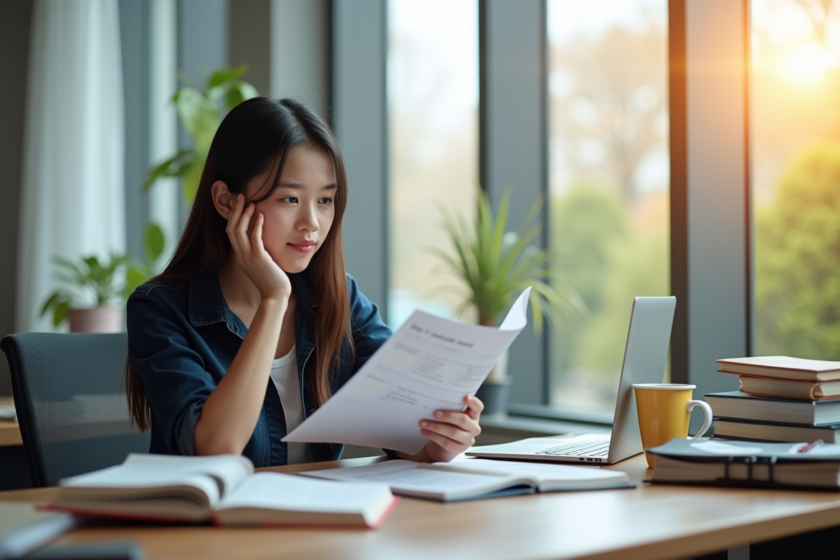 Jeune professionnel compare brochures de diplômes à son bureau
