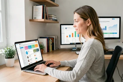 Femme utilisant un logiciel de mailing pour vendre des formations en ligne depuis son bureau à domicile