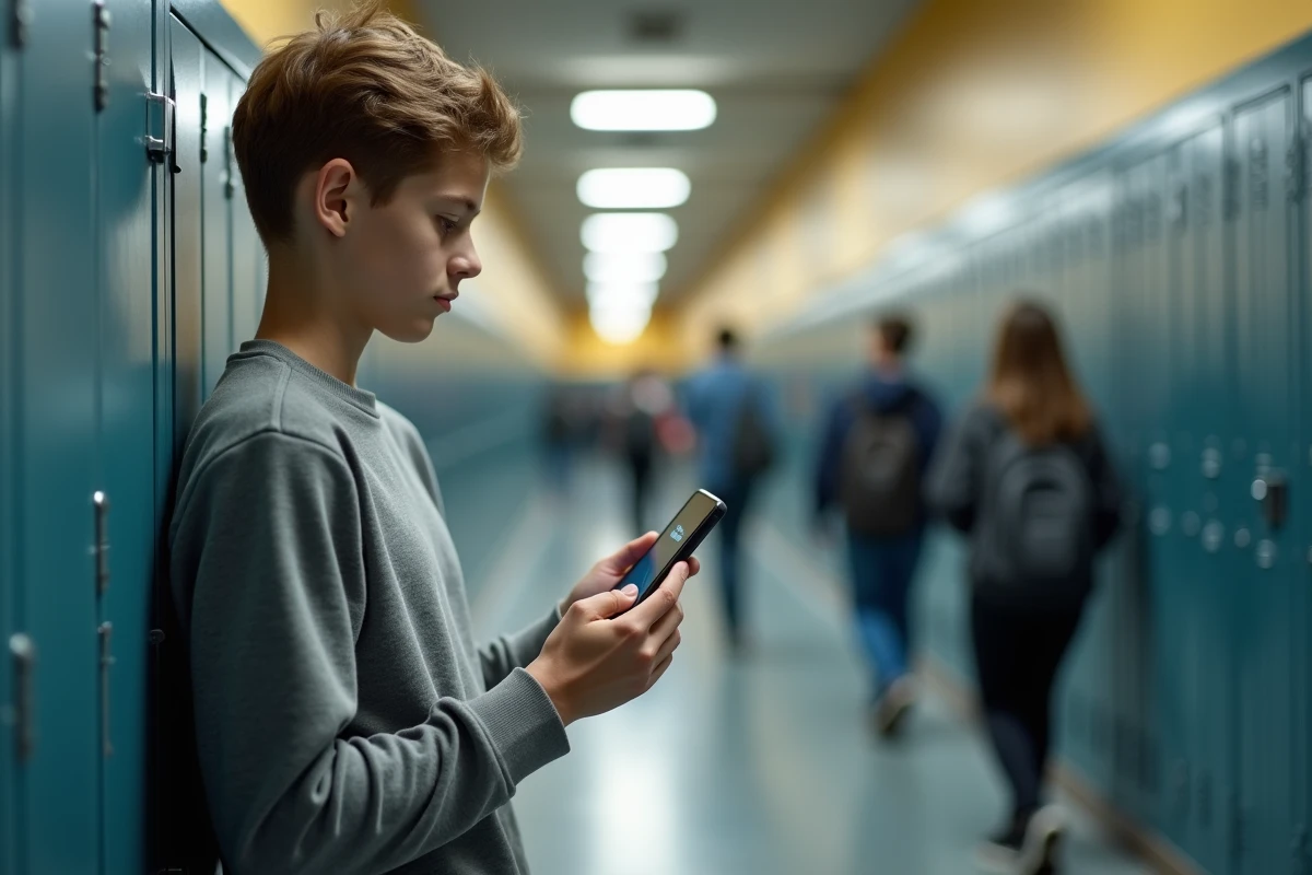 Lycéen utilisant l'ENT sur smartphone dans un couloir de lycée