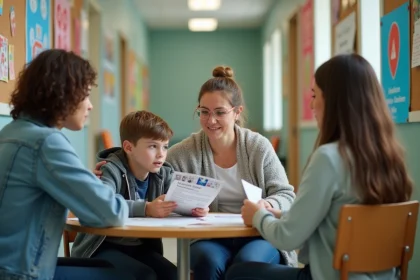Maman et enfant attentif lors d'un rendez-vous scolaire