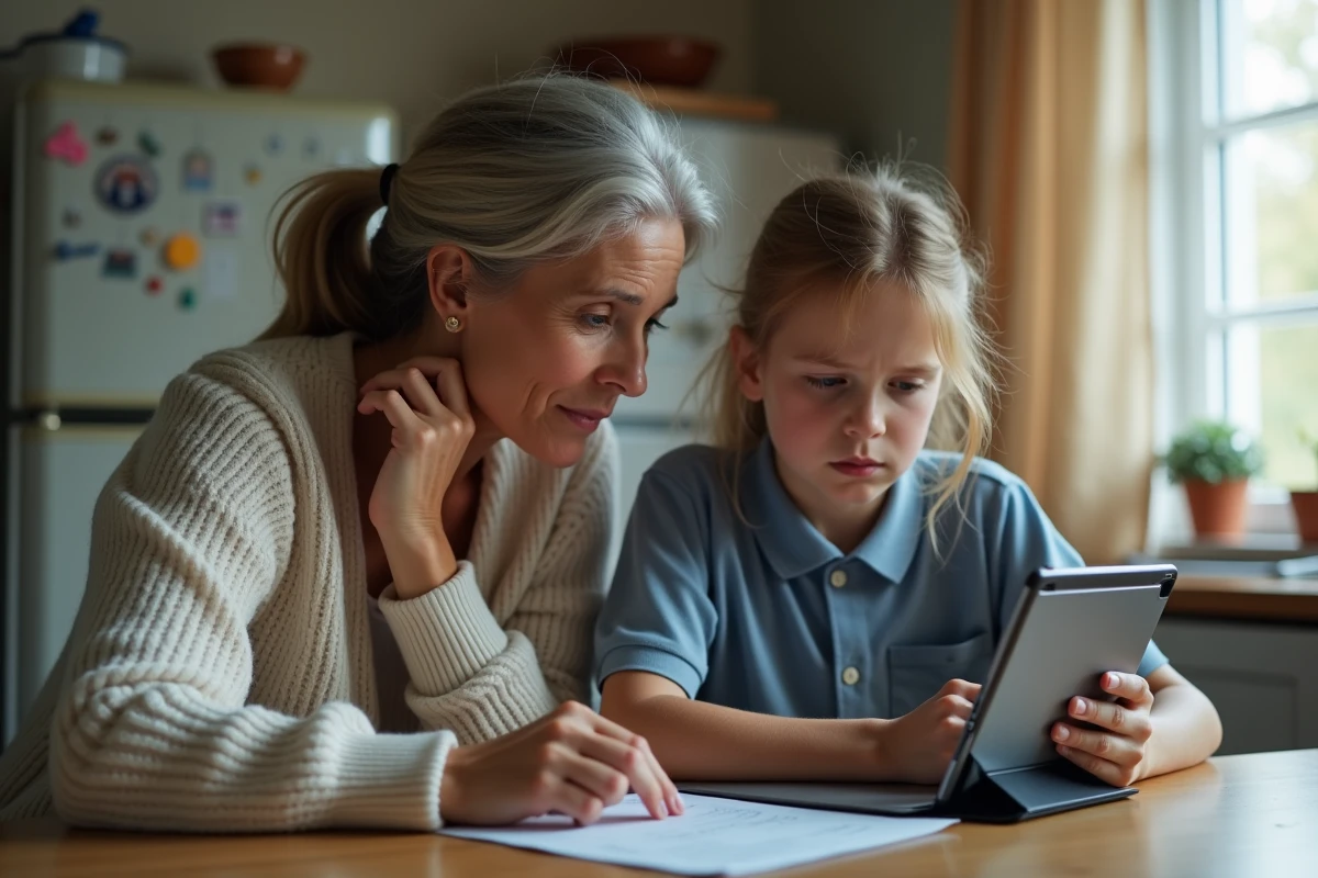 Maman inquiète avec sa fille sur une tablette à la cuisine