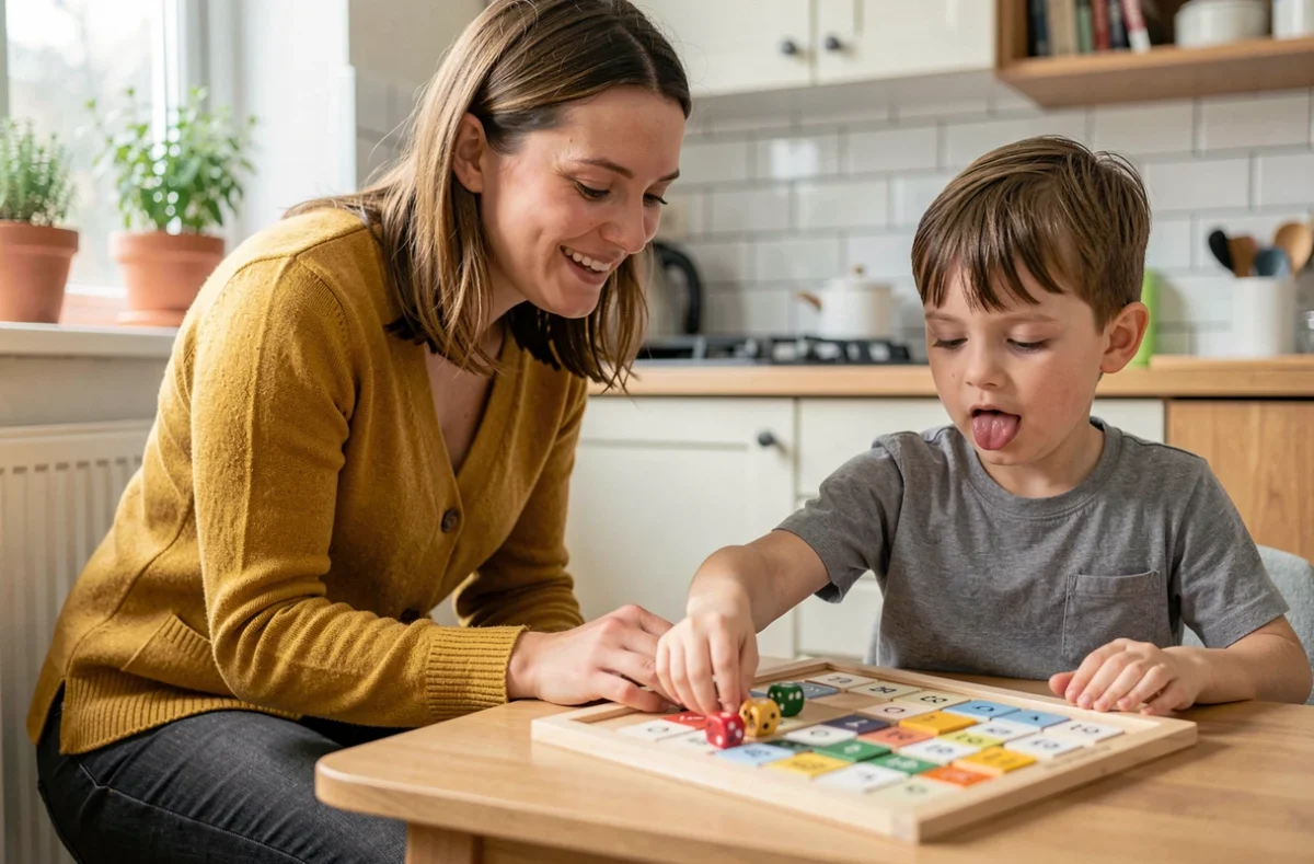 Mère et fils jouant à un jeu de plateau mathématique à la table de cuisine