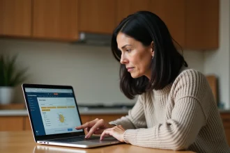 Mère de famille consultant l'interface Entaix sur un ordinateur portable dans sa cuisine