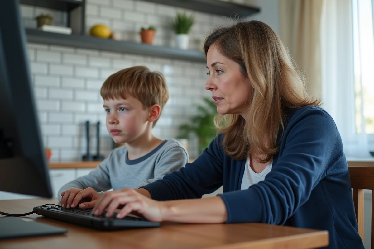 Mère et fils utilisant le portail Entsomme sur un ordinateur familial dans la cuisine