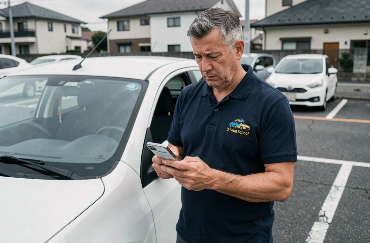Moniteur d'auto-école consultant l'application ELGEAWEB sur son smartphone dans un parking urbain