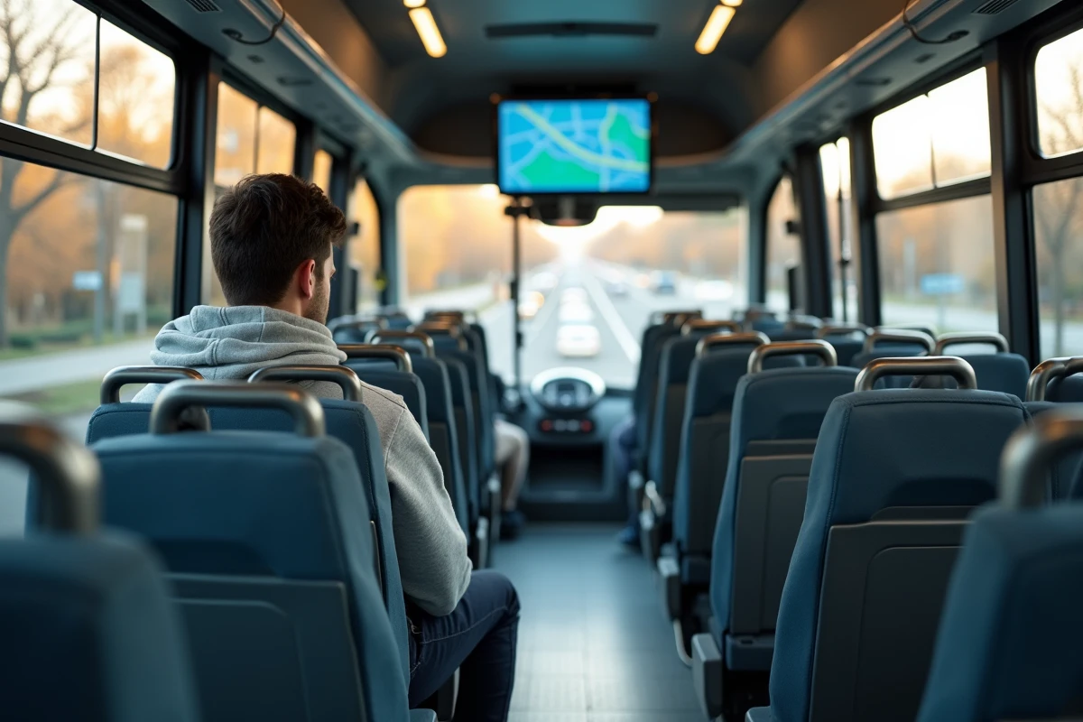Intérieur rénové d'un bus NÉO Yvelines avec écran d'information numérique et nouveaux sièges confortables