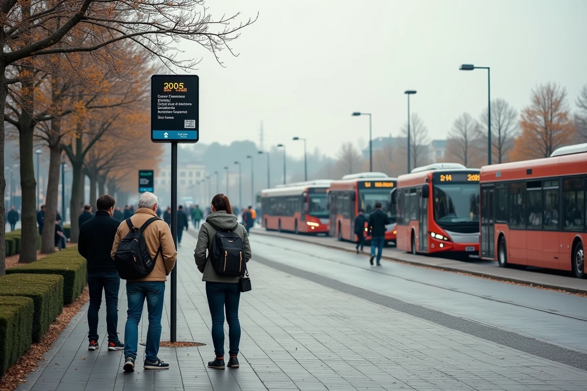 Pôle d'échanges de bus NÉO Yvelines avec nouveaux panneaux de signalisation et voyageurs en 2026