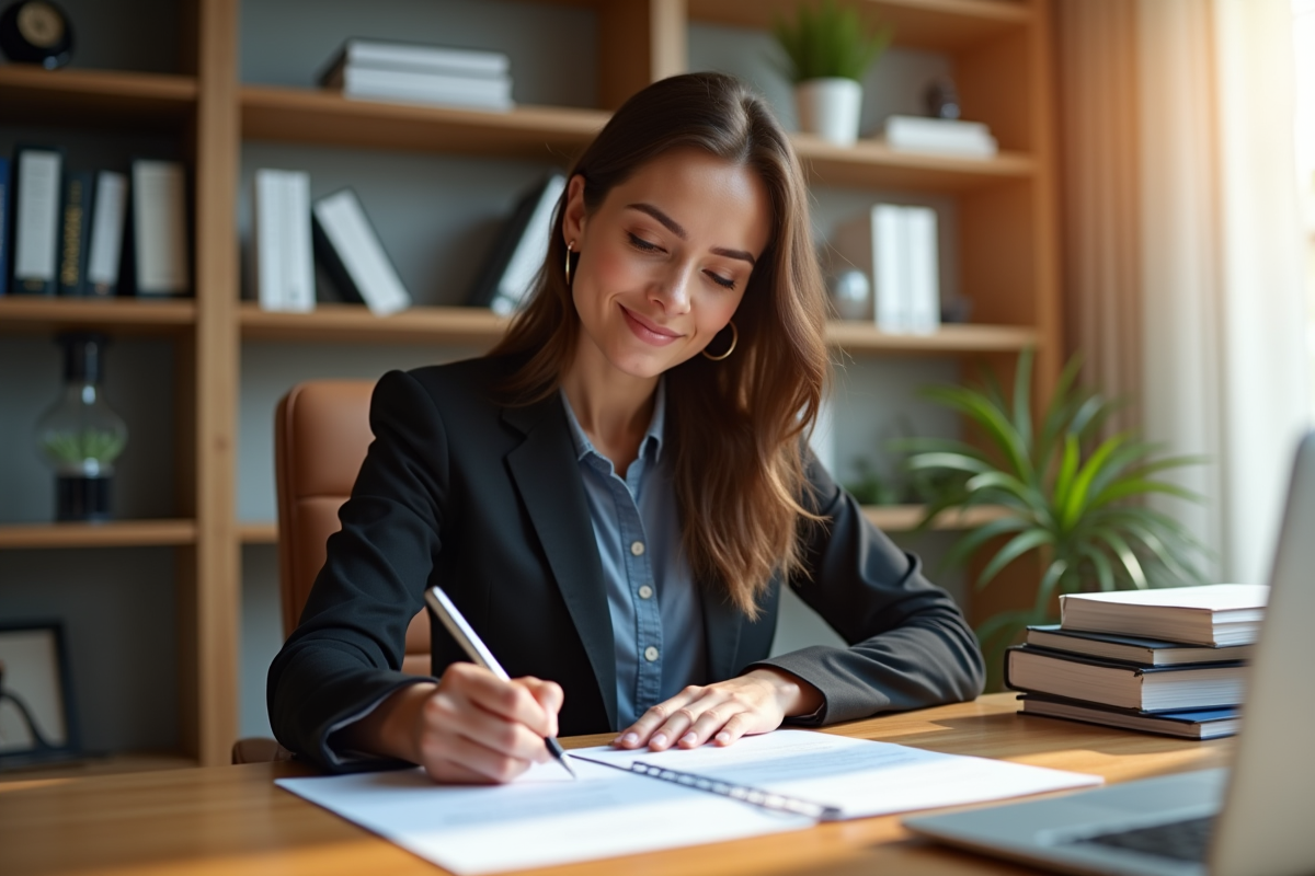 Femme notaire signant des documents dans un bureau moderne lumineux