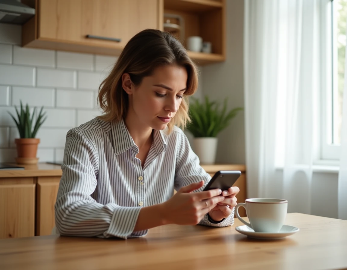Parent d'élève lisant un message de l'ENT sur son smartphone depuis la cuisine à domicile