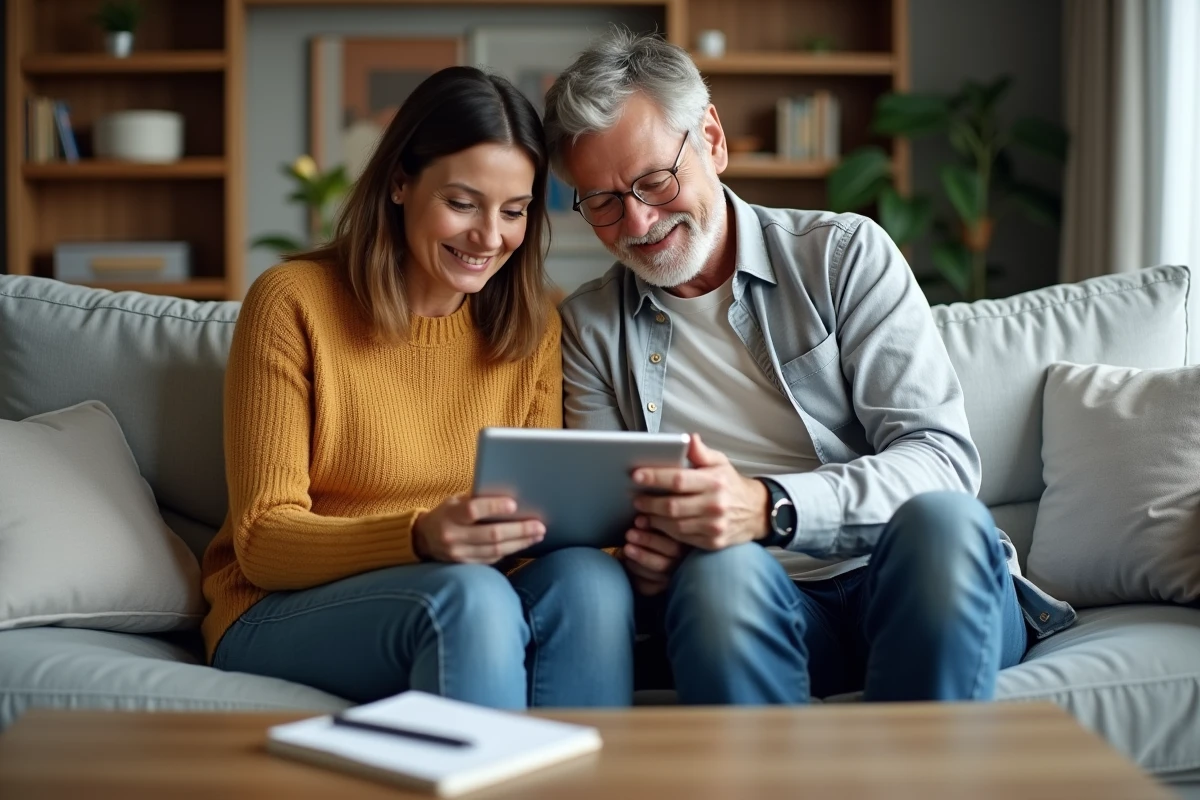 Deux parents consultant ensemble l'application Entaix sur une tablette dans leur salon