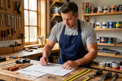 Homme consultant un plan de formation bricolage sur un établi en bois dans un atelier domestique organisé
