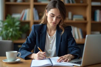 Jeune femme se préparant à un exercice de recrutement scolaire en prenant des notes à son bureau