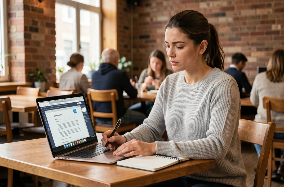 Jeune femme préparant sa lettre de motivation pour une formation d'auxiliaire de puériculture dans un café avec un ordinateur portable