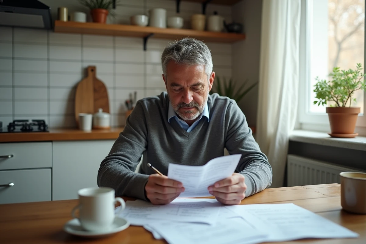 Homme préparant les questions du test de naturalisation chez lui avec des notes manuscrites sur la table