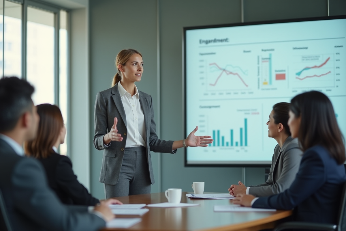 Femme financière présentant un rapport en réunion