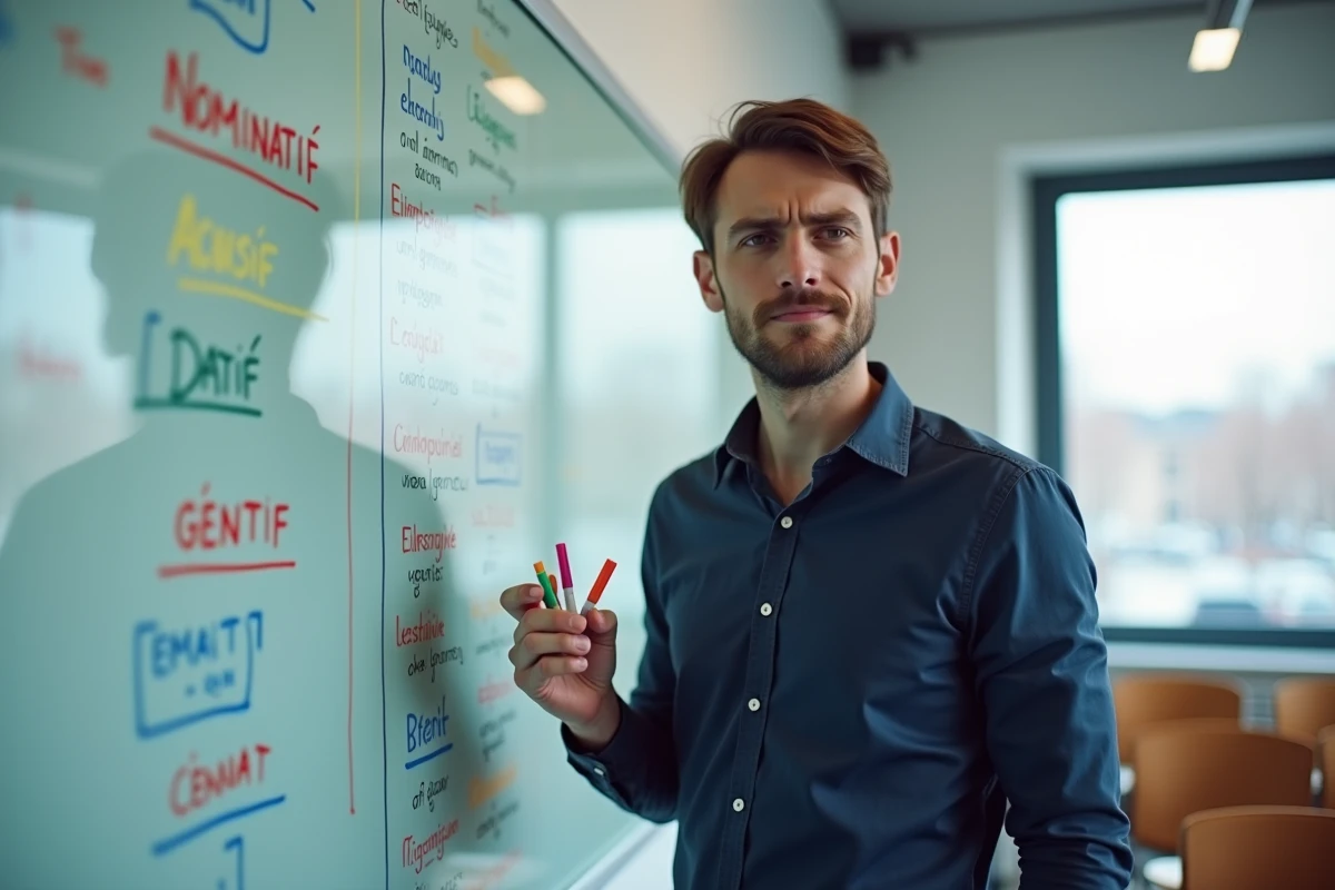 Professeur d'allemand devant un tableau blanc avec les tableaux de déclinaison des cas grammaticaux