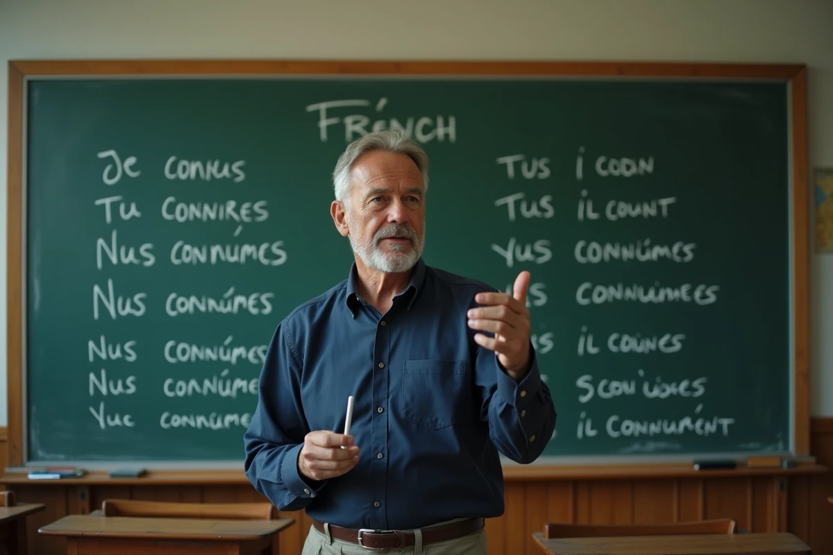 Professeur de français écrivant la conjugaison complète du verbe connaître au passé simple sur un tableau noir en classe
