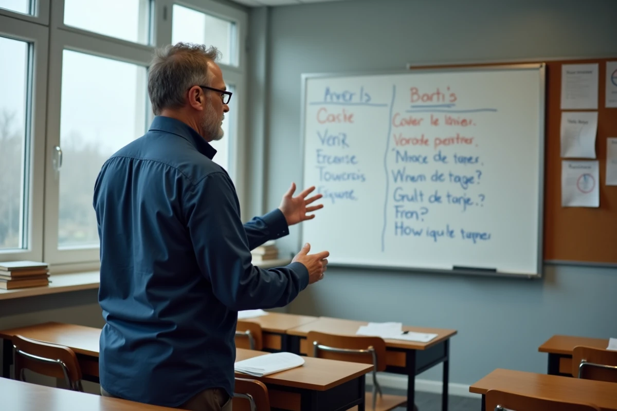 Professeur de français expliquant la conjugaison du verbe partir au présent de l'indicatif devant un tableau blanc en salle de classe