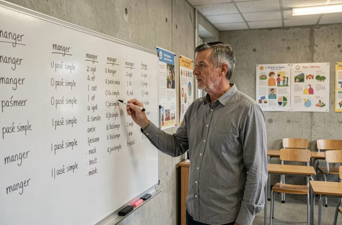 Professeur de français expliquant la conjugaison du passé simple du verbe manger au tableau
