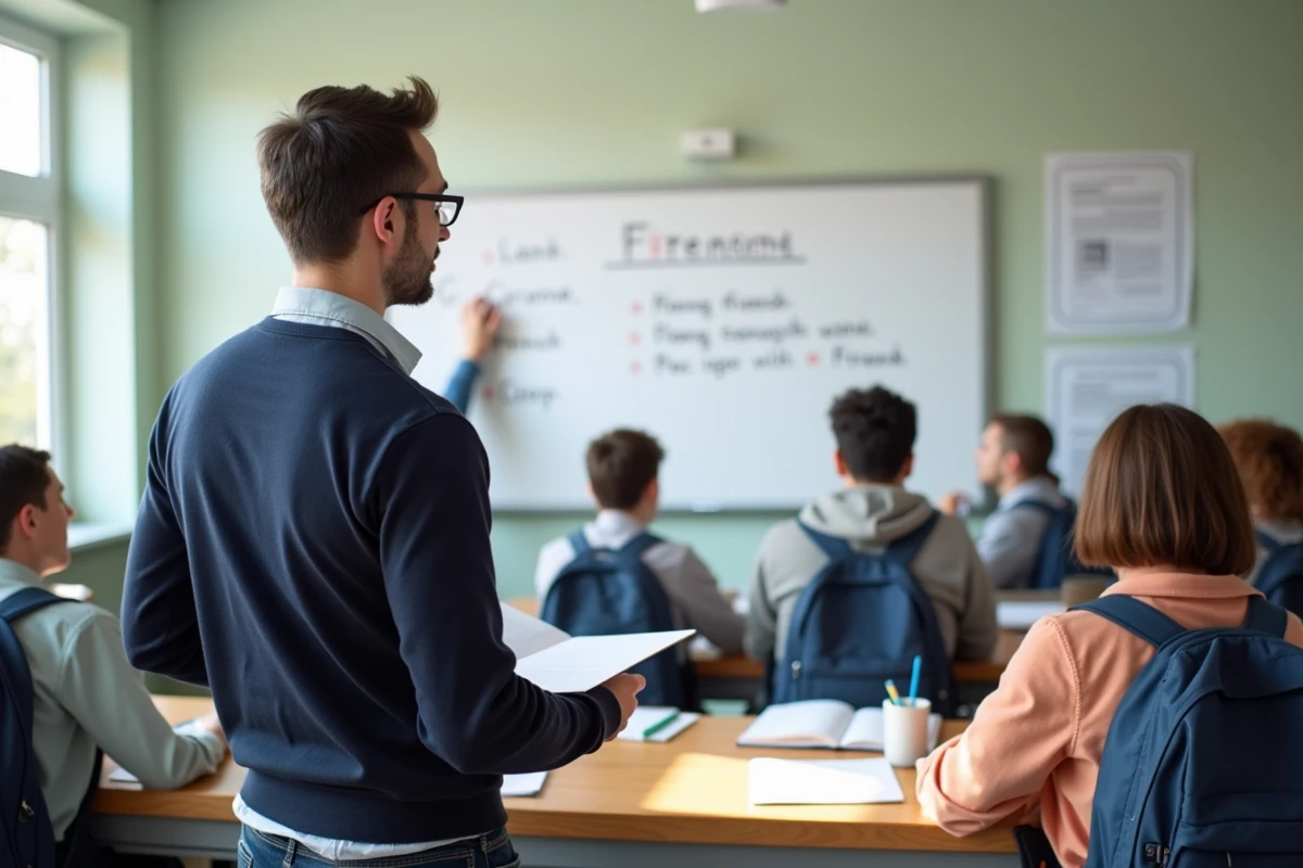 Professeur enseignant devant tableau en classe moderne