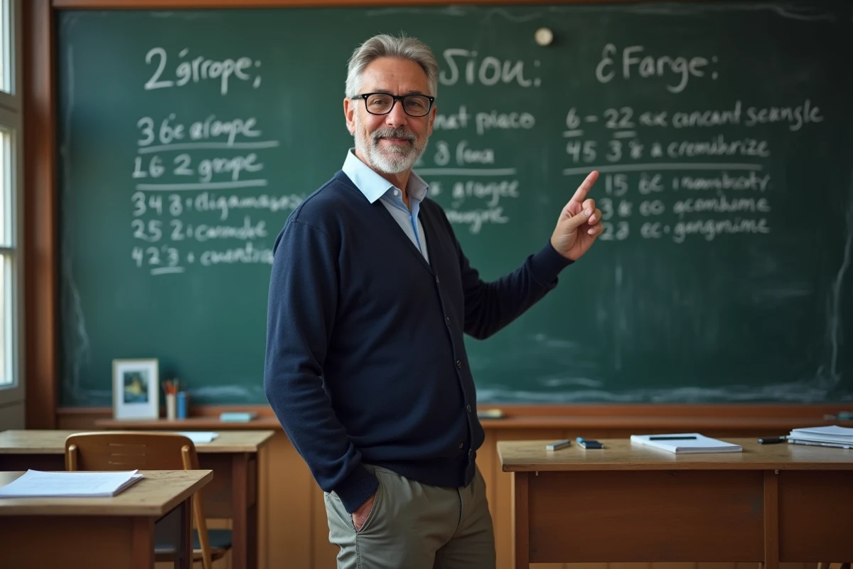 Professeur français expliquant les groupes de verbes au tableau
