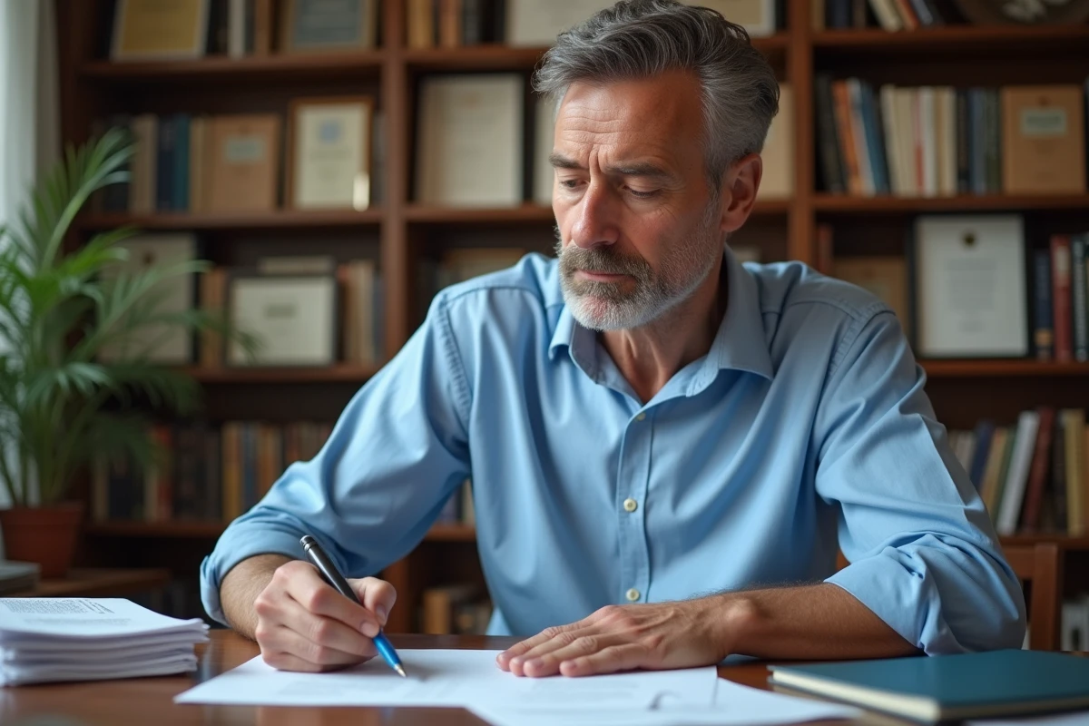 Professeur français corrige un devoir dans un bureau lumineux