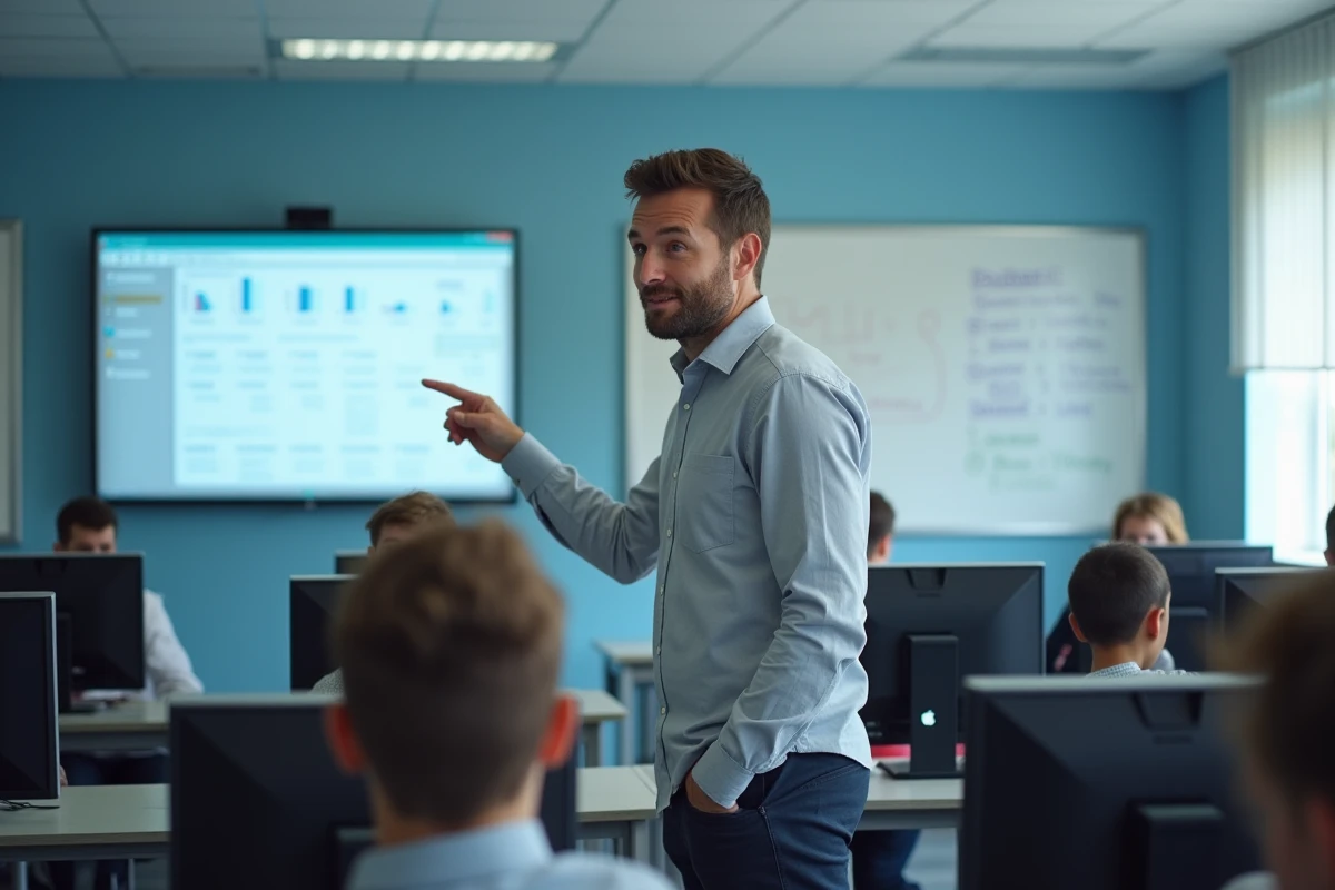 Professeur utilisant le tableau numérique d'une plateforme scolaire pour afficher le cahier de texte et les communications de vie scolaire