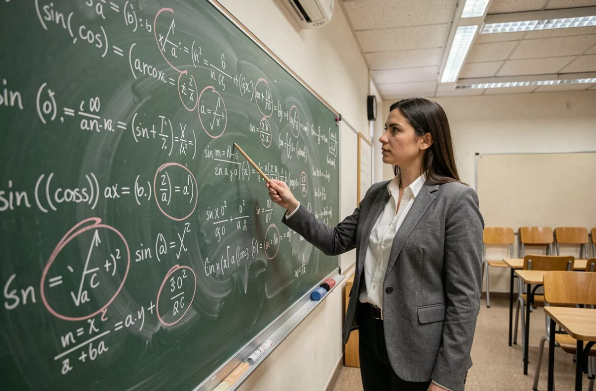 Professeure de mathématiques expliquant au tableau les erreurs classiques sur les formules de produit sin(a)cos(b) en classe de lycée