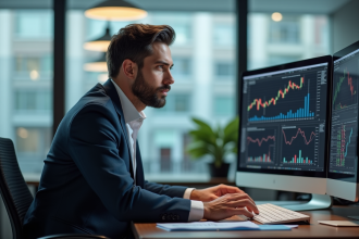 Professionnel financier confiant analysant graphiques en bureau moderne