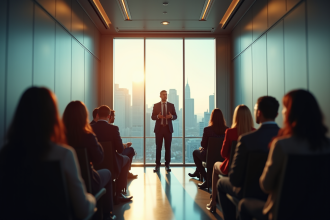 Professionnel confiant donnant une présentation dans un ascenseur moderne