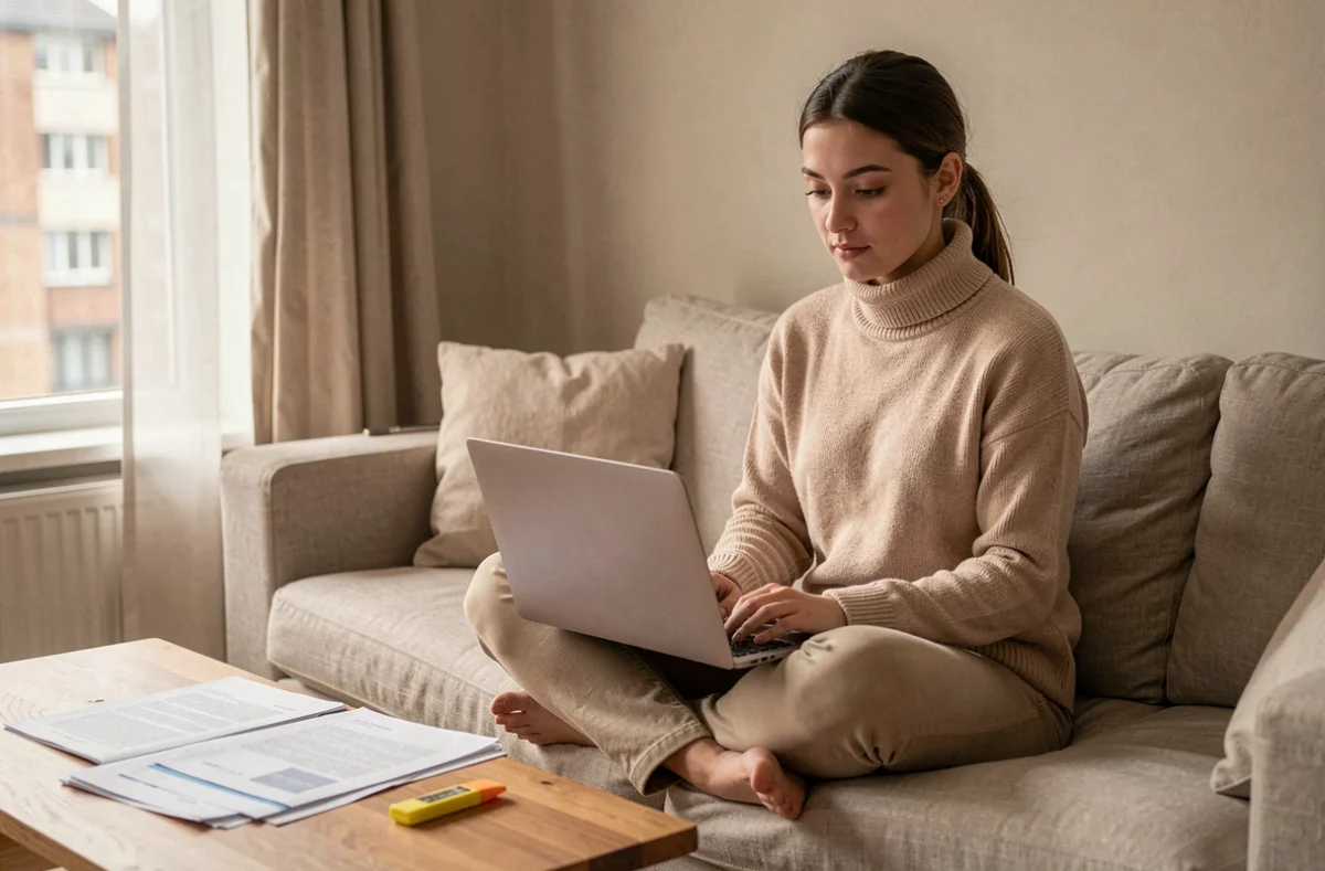 Jeune femme rédigeant une lettre de motivation pour une alternance sur son ordinateur portable dans son salon