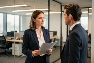 Une remplaçante en poste reçoit un briefing rapide de son collègue dès sa prise de fonction dans un bureau professionnel