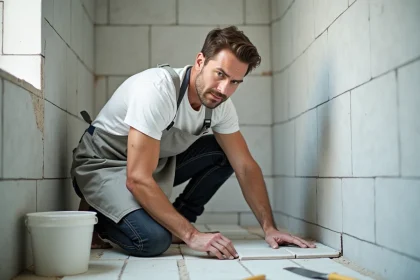 Homme en tablier de bricolage posant des carreaux dans une salle de bains en rénovation