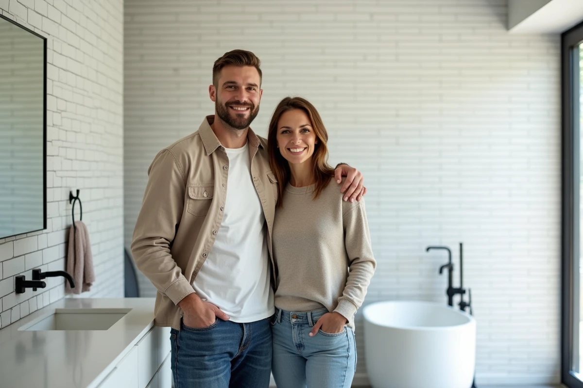 Couple souriant dans leur salle de bains entièrement rénovée après une formation bricolage