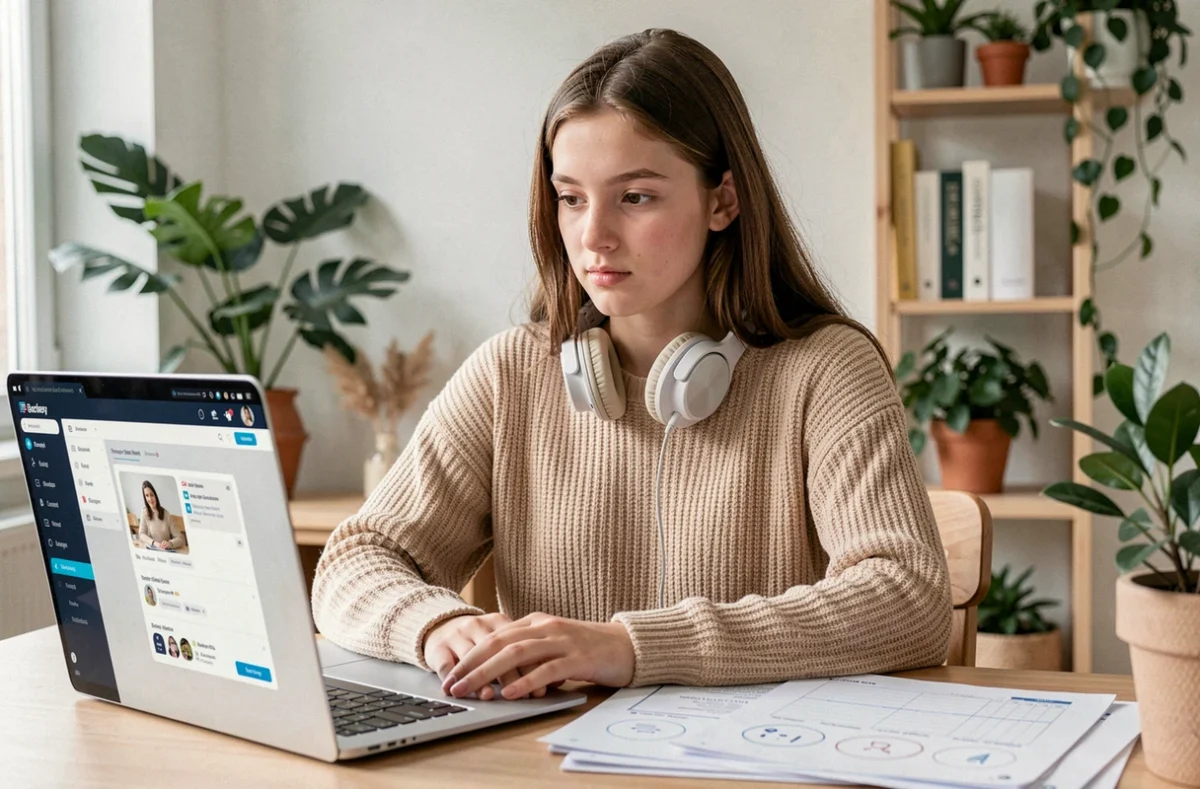 Adolescente utilisant une plateforme de soutien scolaire en ligne comme Révisio dans un espace d'étude à domicile soigné