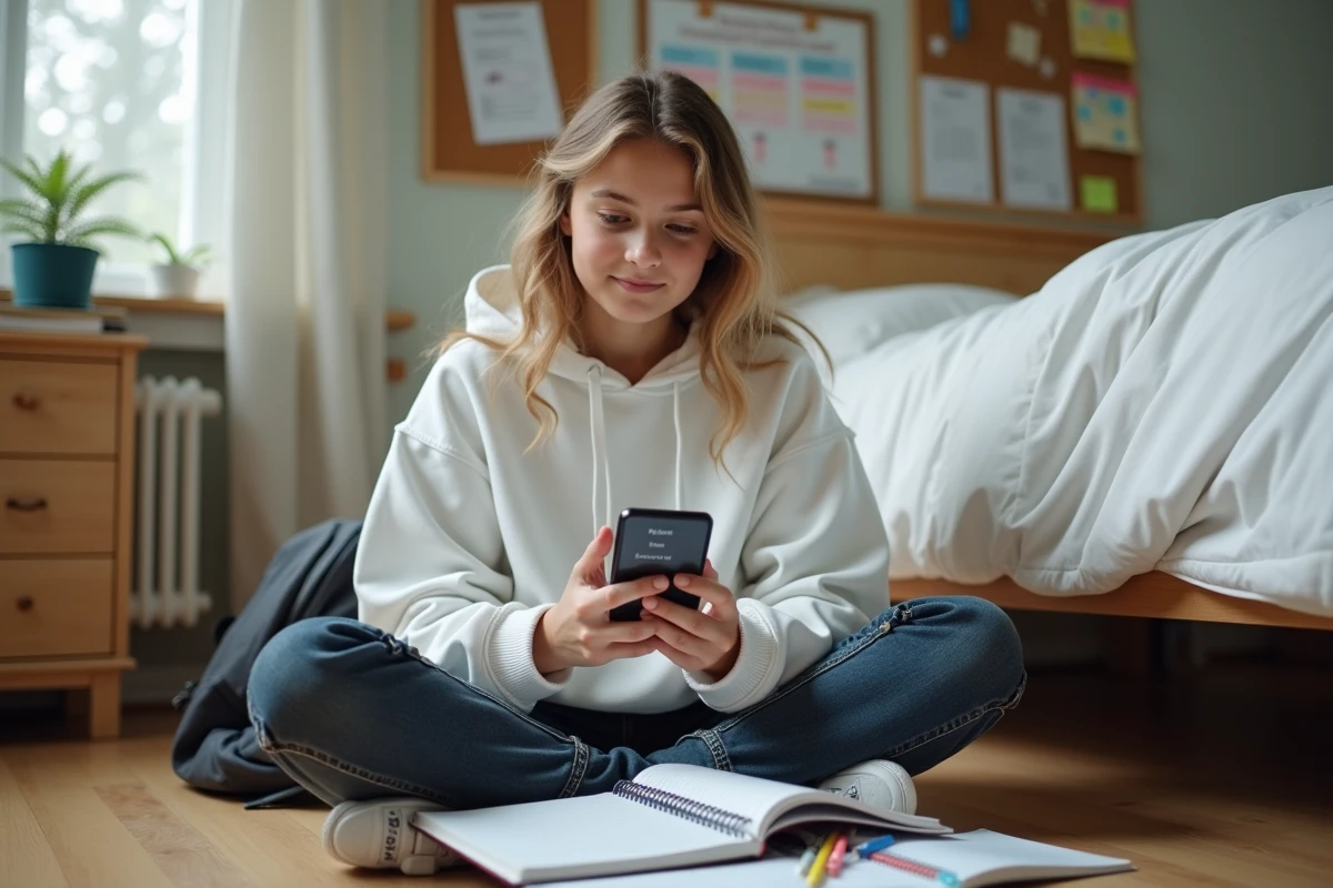 Adolescente révisant l'imparfait espagnol sur une application mobile et un cahier de conjugaison dans sa chambre