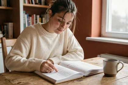 Jeune femme révisant les conjugaisons de l'imparfait espagnol dans un cahier de grammaire posé sur une table en bois, avec une tasse de café à côté