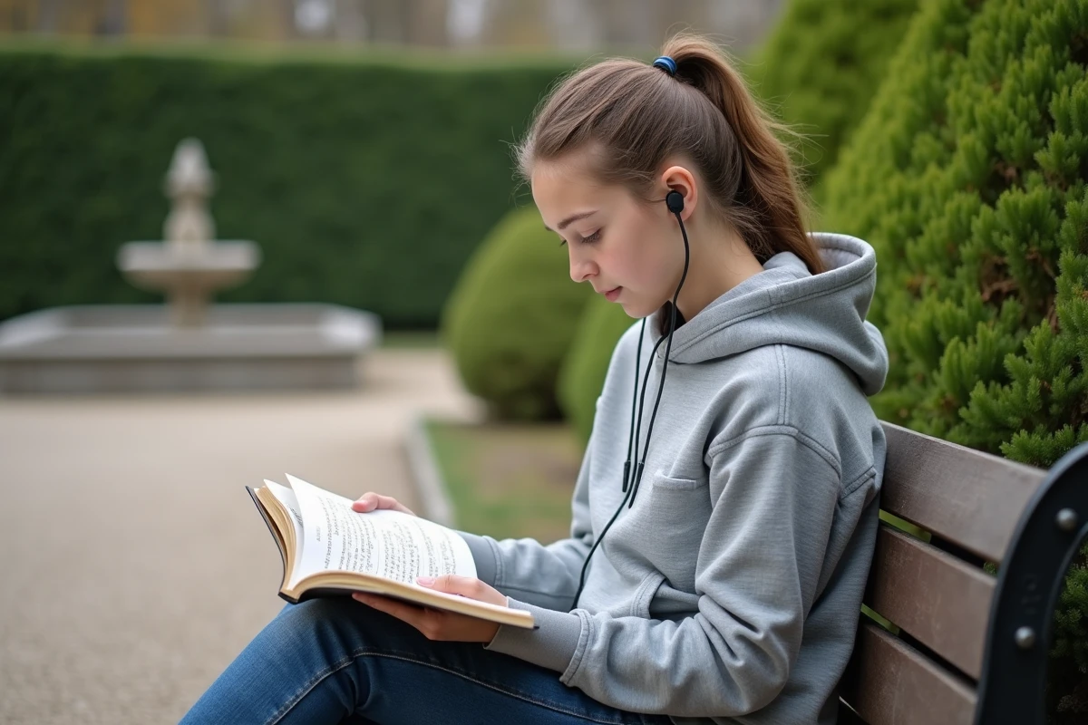 Adolescente révisant la conjugaison orale du verbe partir au présent en lisant un cahier d'exercices de français sur un banc de parc