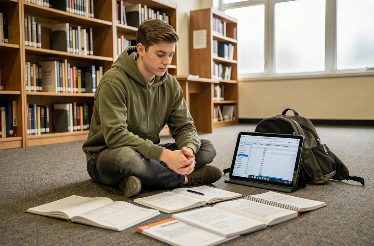 Étudiant assis par terre dans une bibliothèque révisant des exercices psychotechniques corrigés entouré de cahiers